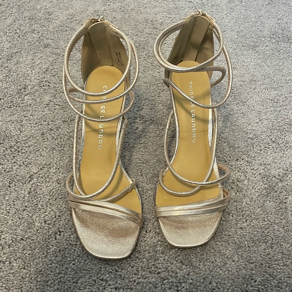 Gold metallic strappy heels